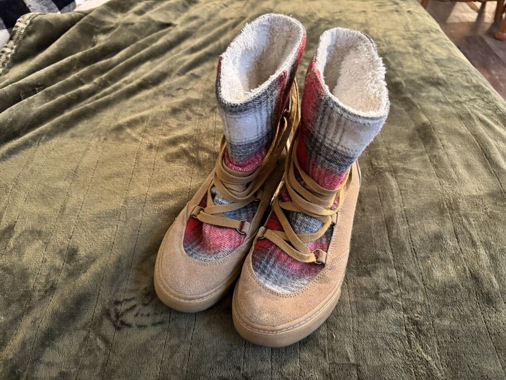 Roxy | Women's Brown Suede Fleece Lined Red Blanket Plaid Aster Boots Sz 8.5
